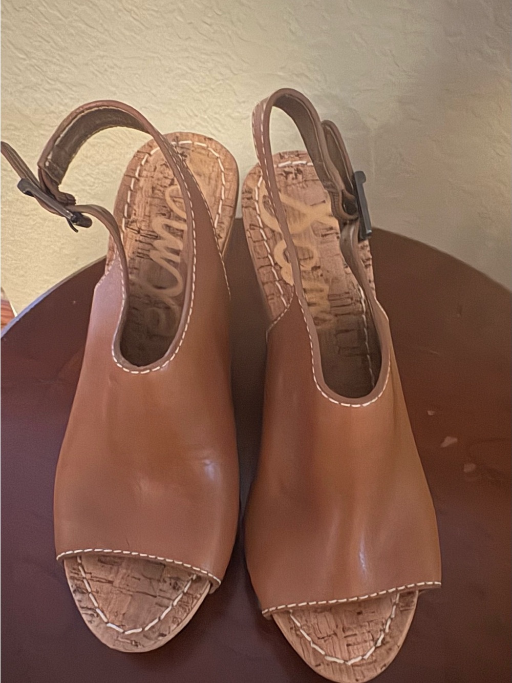 Sam & Libby Tan Leather Open-Toe Slingback Wedge Sandals